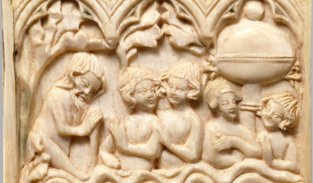 A medieval ivory carving depicting an old man entering the fountain of youth, which already contains two young couples.