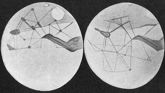 Percival Lowell's drawing of supposed canals on Mars. Two circles, with a series of straights lines of different widths, connected together like a system of canals.