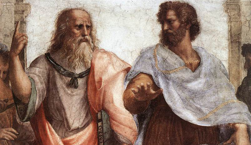 Plato (L) and Aristotle (R) arguing in The School of Athens, by Raphael, c. 1509–10.
