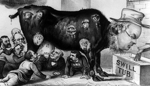 Nineteenth-century political cartoon showing politicians benefiting from a spoiled milk scandal.