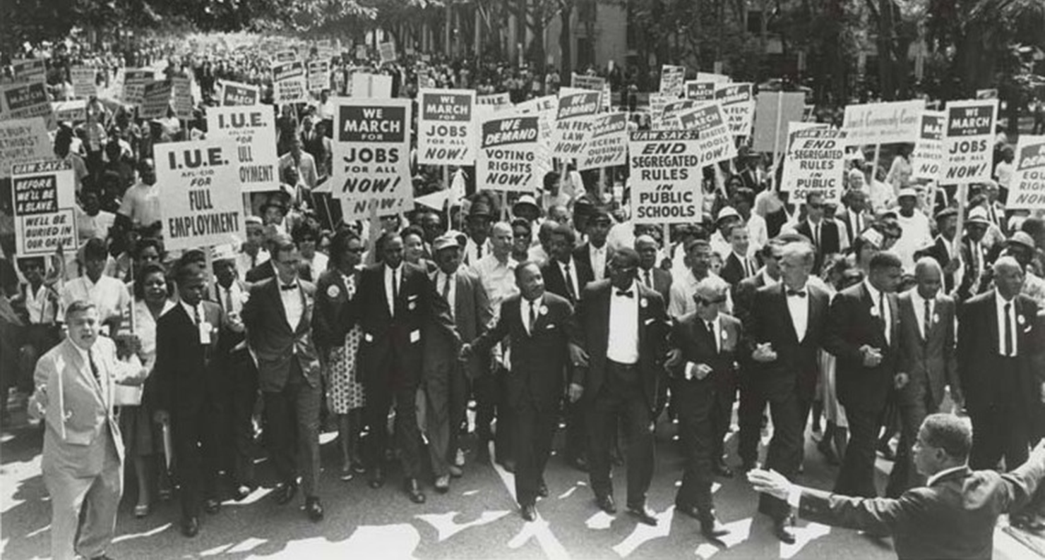 March on Washington for Jobs and Freedom, with Martin Luther King Jr. in the center and Joachim Prinz on the far left, 1963. American Jewish Historical Society.