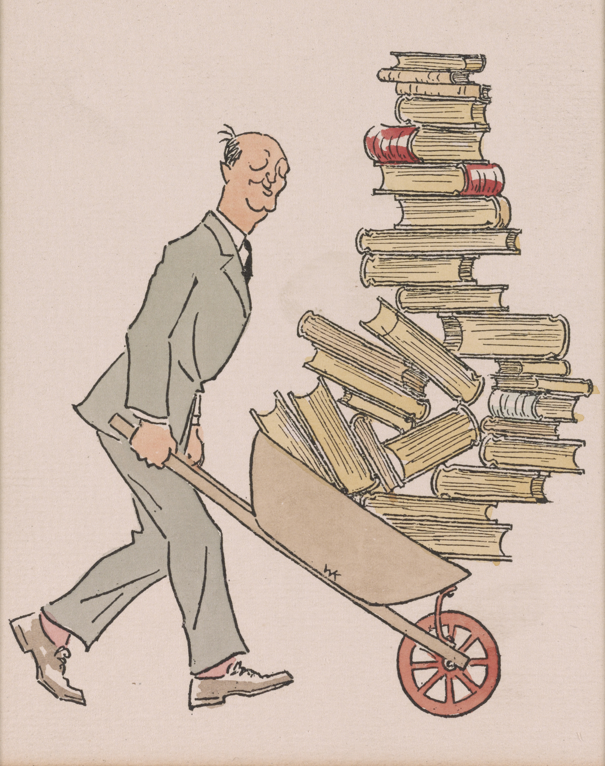 Philadelphia bookseller George J.C. Grasberger pushing a wheelbarrow piled high with books, c. 1930. Library of Congress, Prints and Photographs Division.