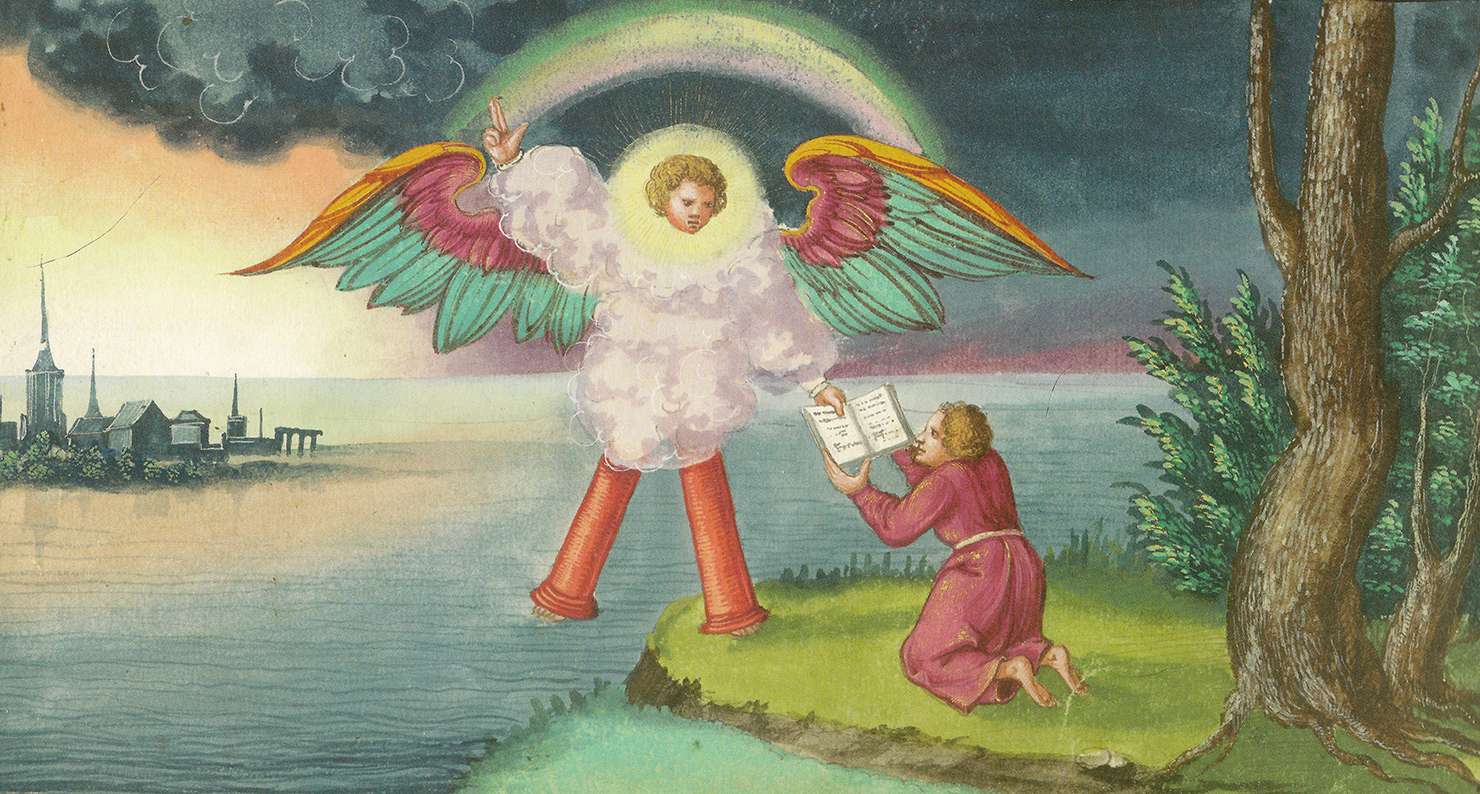 Folio 184: John and the Angel (detail), Book of Revelation, from the Augsburg Book of Miracles, c. 1552. Folio 184: John and the Angel (detail), Book of Revelation, from the Augsburg Book of Miracles, c. 1552.