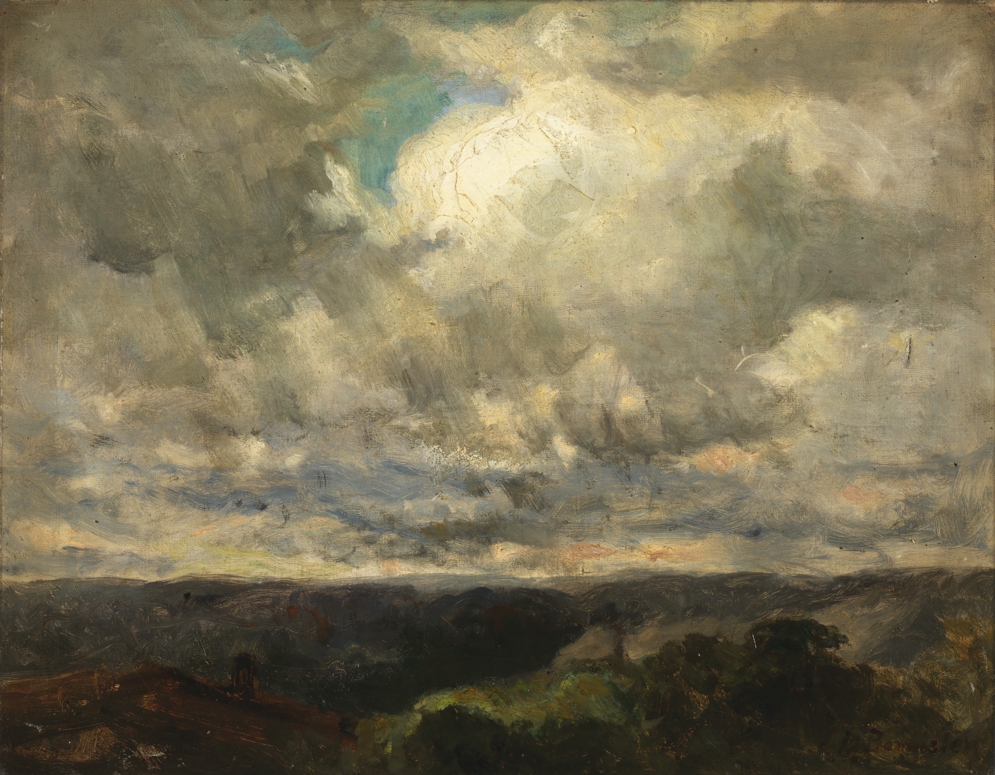 Untitled (landscape, cloudy sky), by Edward Mitchell Bannister. Smithsonian American Art Museum, Gift of Louis Glaser. A painting of a rolling landscape with dark ominous clouds.