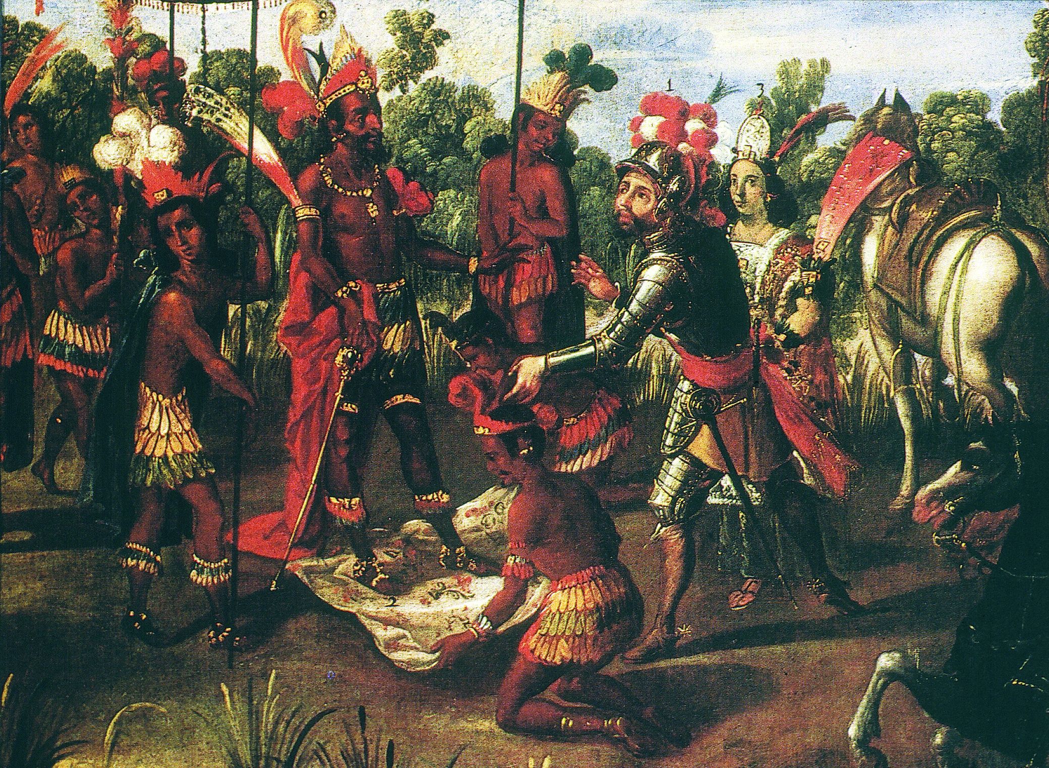 The Meeting of Cortés and Moctezuma, from the Conquest of México series, Mexico, second half of seventeenth century. Library of Congress, Rare Book and Special Collections Division, Jay I. Kislak Collection. The Meeting of Cortés and Moctezuma, from the Conquest of México series, Mexico, second half of seventeenth century. Library of Congress, Rare Book and Special Collections Division, Jay I. Kislak Collection.