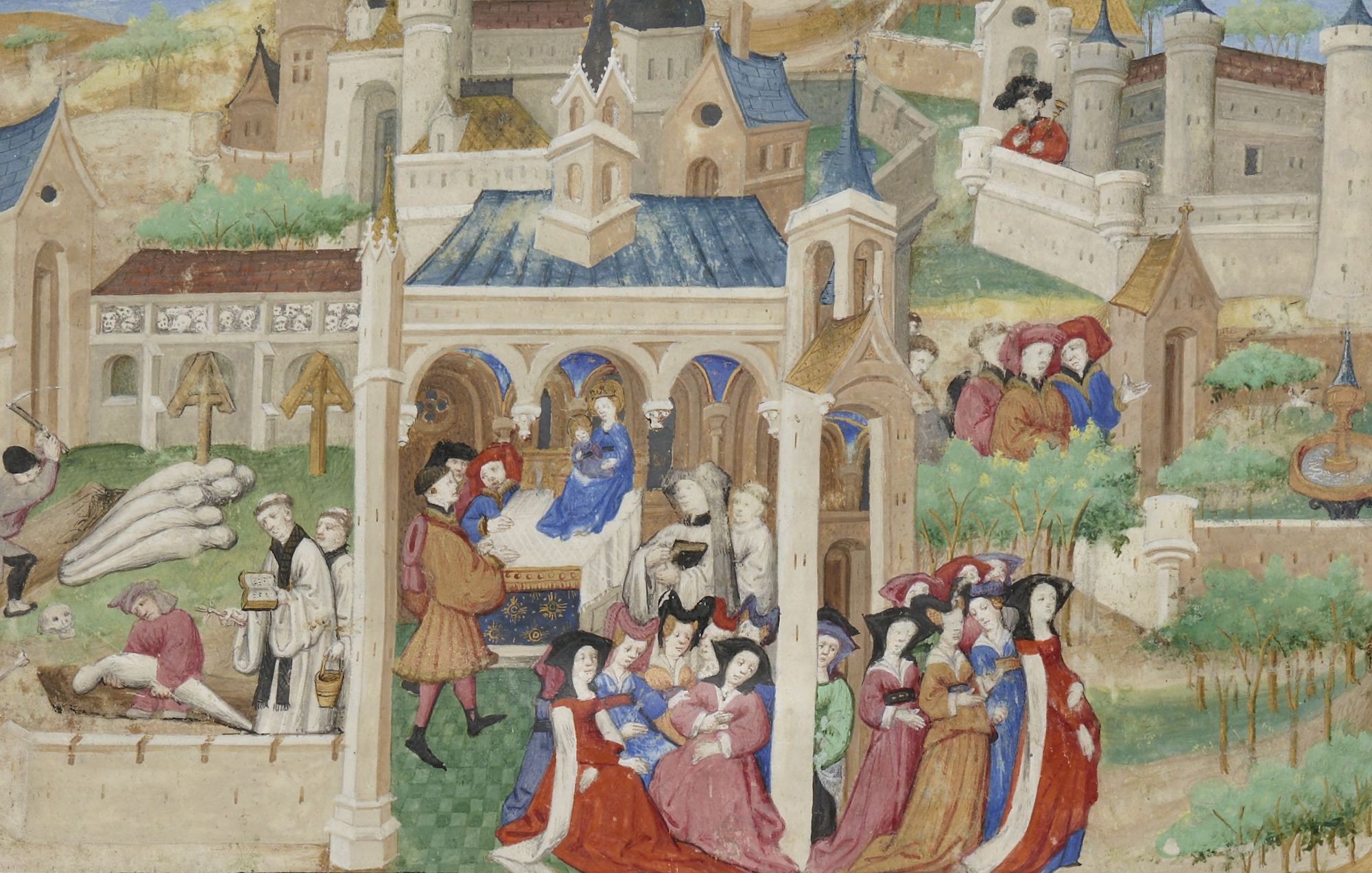 A manuscript drawing of the opening of the Decameron. Several women gather in a church while bodies are buried in the churchyard.