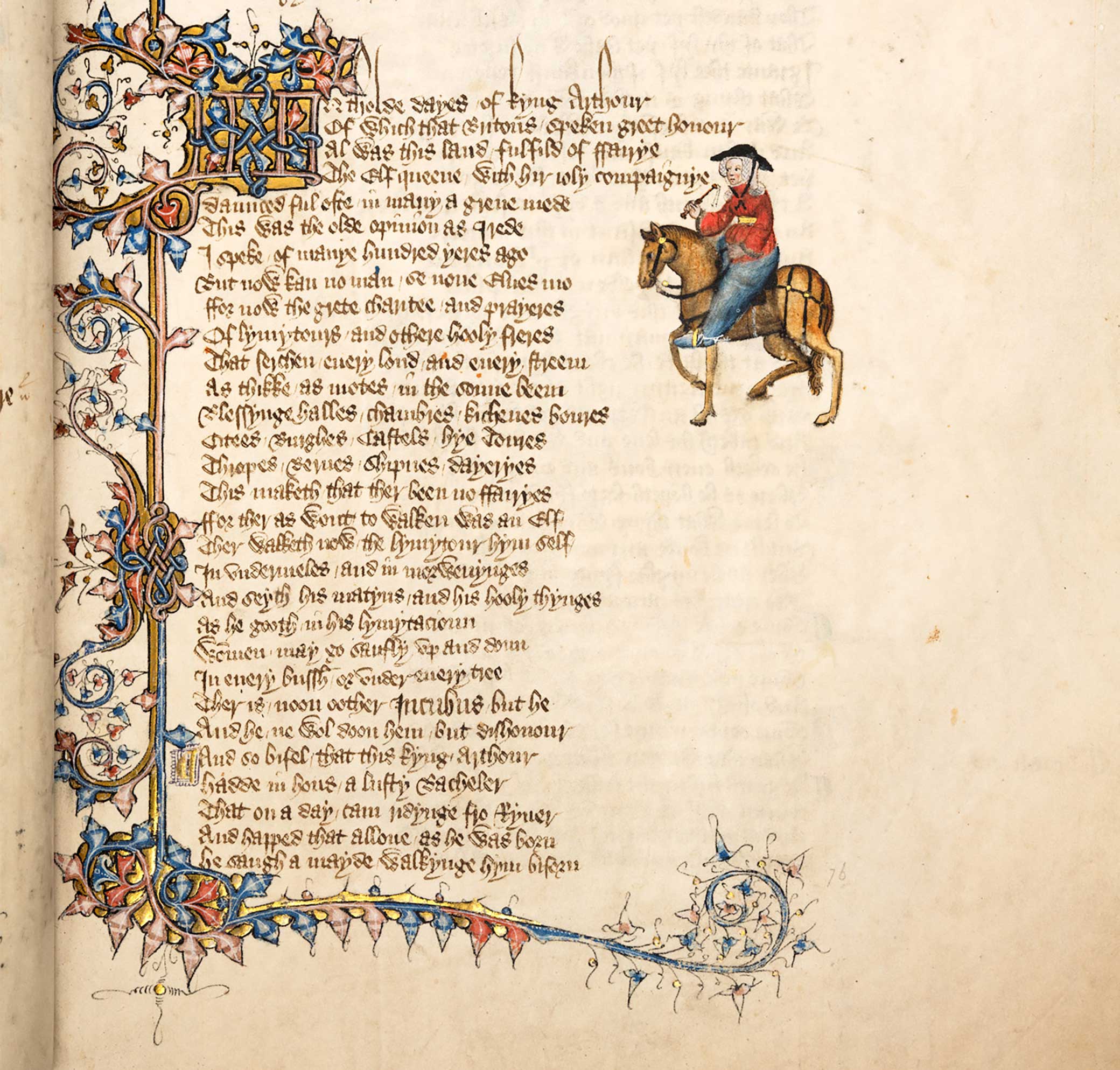 Manuscript page illustrated with a small drawing of a woman on a horse.