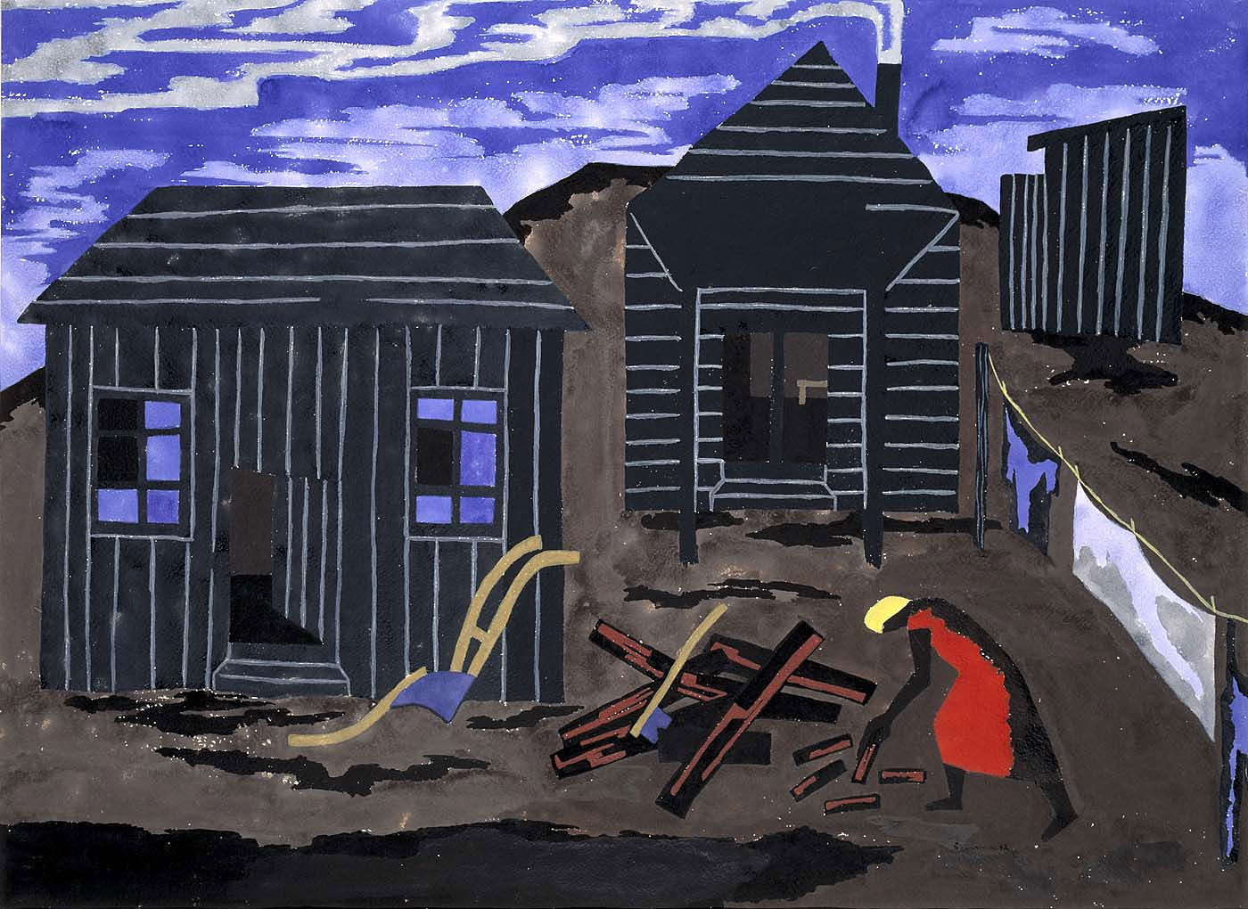 A painting. A woman gathers firewood into a pile in front of two small houses and a clothing line. The sky is purple and streaked with clouds.