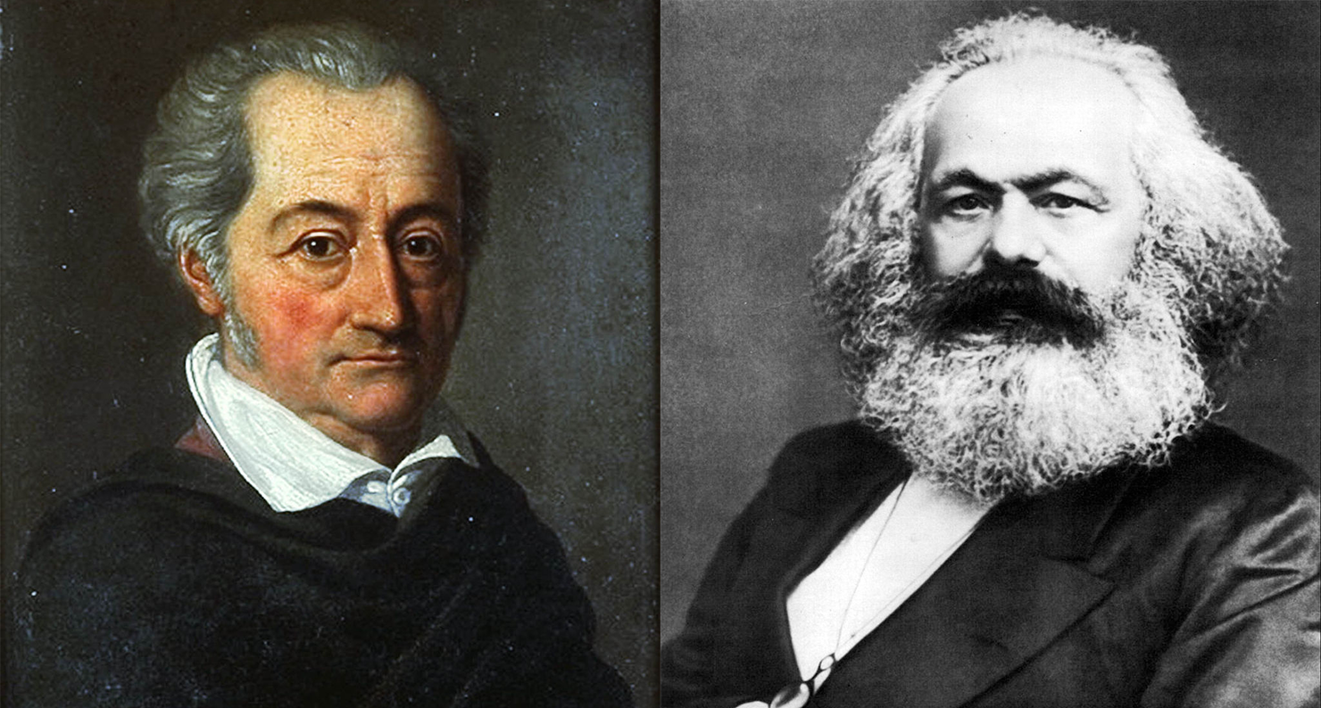 (L) Johann Wolfgang von Goethe (1749–1832), by Karl Josef Raabe, 1814. Wallraf-Richartz-Museum. (R) Karl Marx, 1875. Photograph by John Jabez Edwin Mayall. International Institute of Social History.