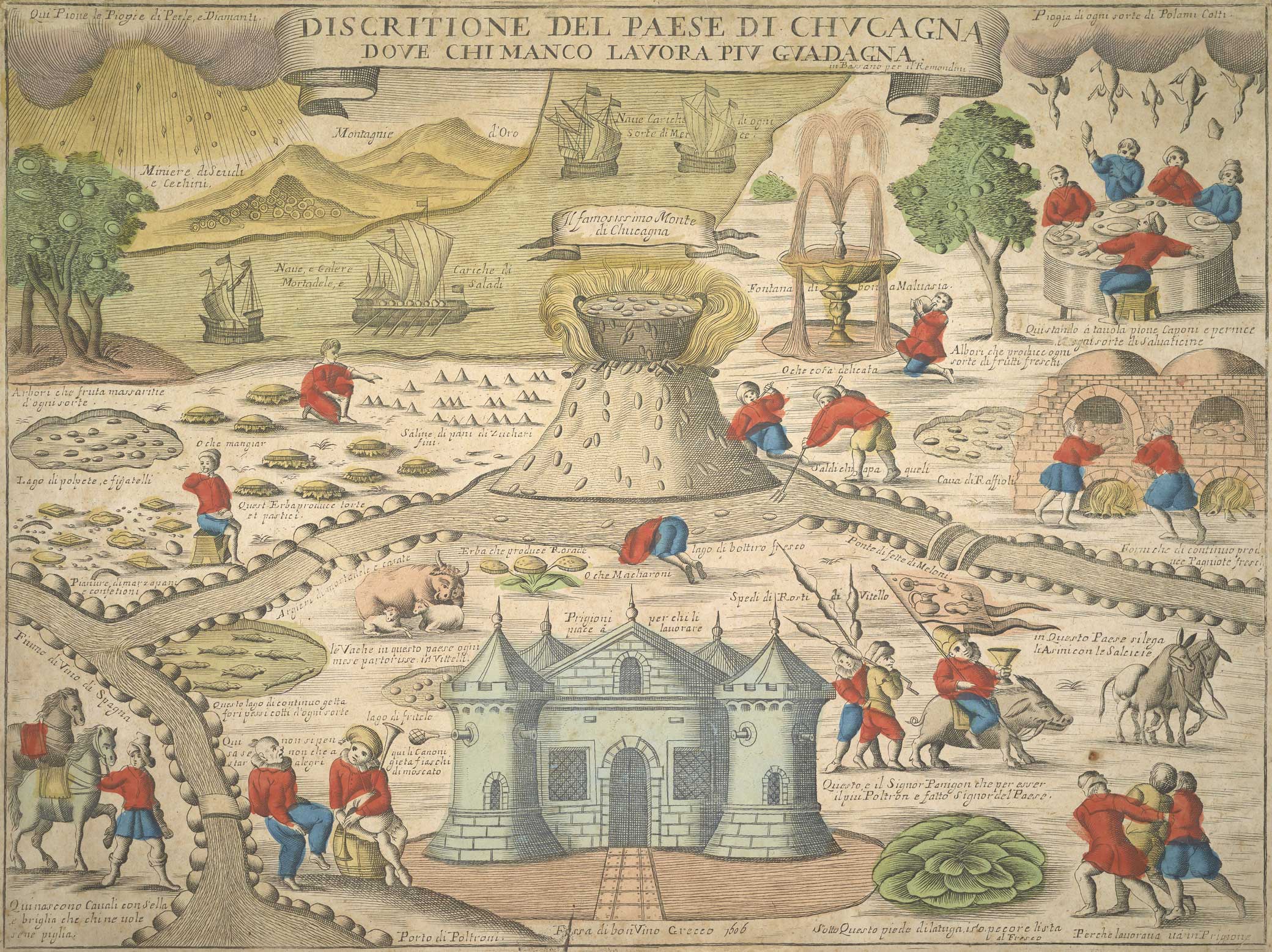 Description of the Land of Cockaigne, Where Whoever Works the Least Earns the Most, Italy, seventeenth century. The Getty Research Institute. The Land of Cockaigne, where working people are sent to a fortress-prison while others enjoy plenty.