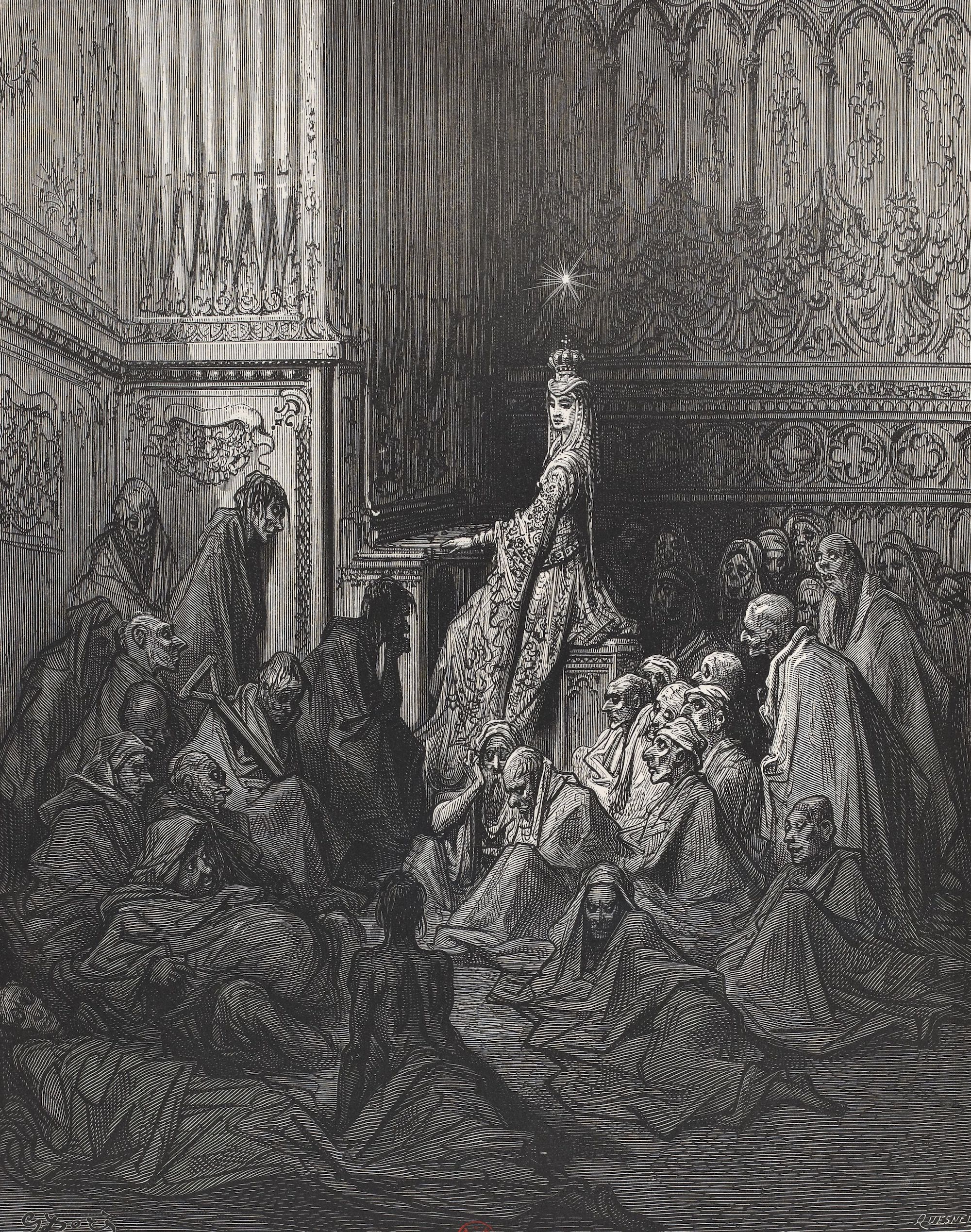 An illustration of Queen Whims playing an organ and curing the sick. A beautiful queen sits an an organ, surrounding by ill people in rags.