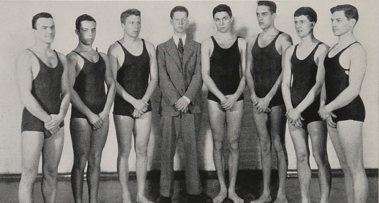 The 1938 Johns Hopkins swim team, with Murray Kempton (in suit) in center, from The Johns Hopkins Hullabaloo. Ferdinand Hamburger Archives, Sheridan Libraries, Johns Hopkins University. The 1938 Johns Hopkins swim team, with Murray Kempton (in suit) in center, from The Johns Hopkins Hullabaloo. Ferdinand Hamburger Archives, Sheridan Libraries, Johns Hopkins University.