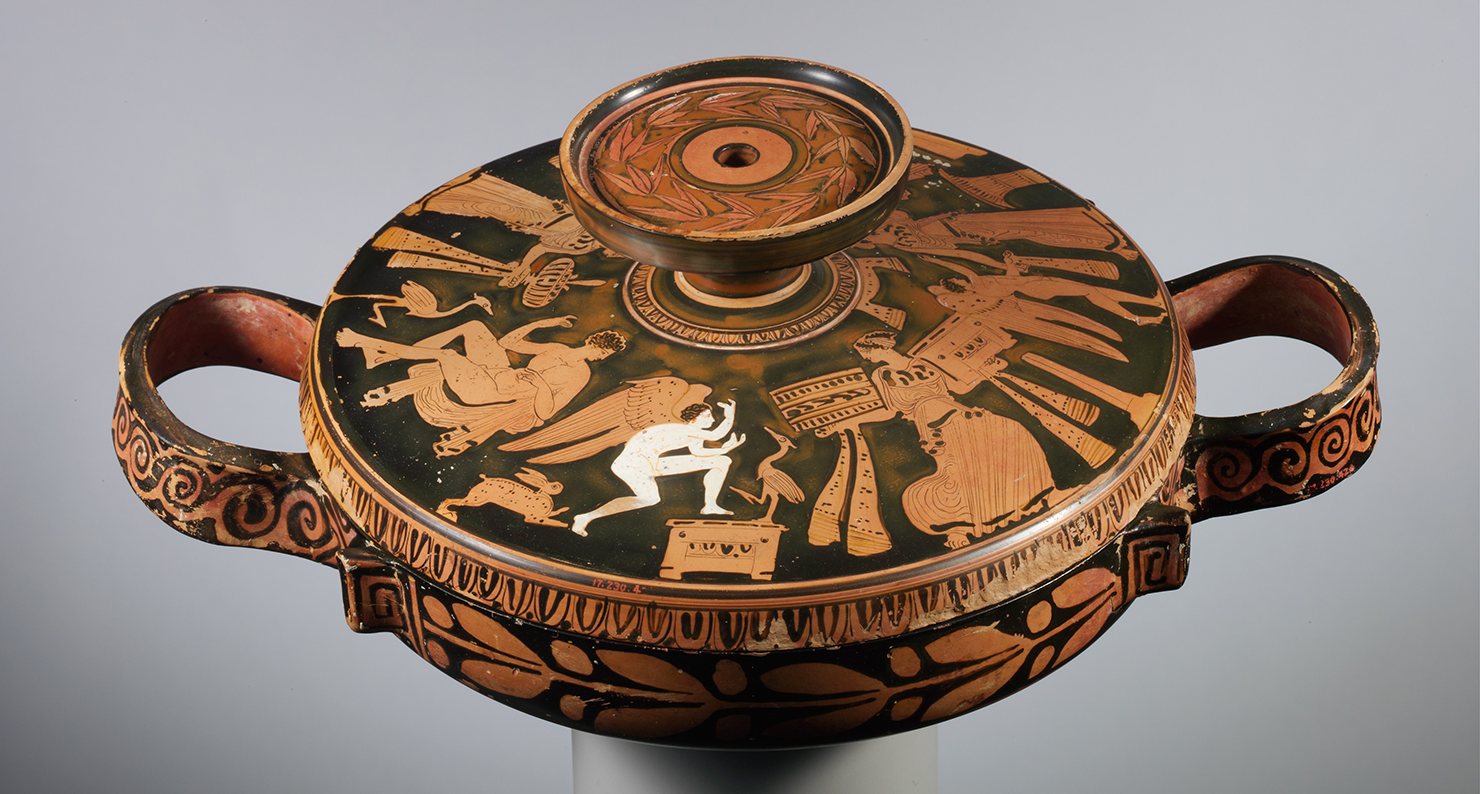 Women, youths, and Erotes appear on the lid of this terra-cotta lekanis (covered dish), connected with the Otchët Group, c. 400 BC. The Metropolitan Museum of Art, Rogers Fund, 1917.