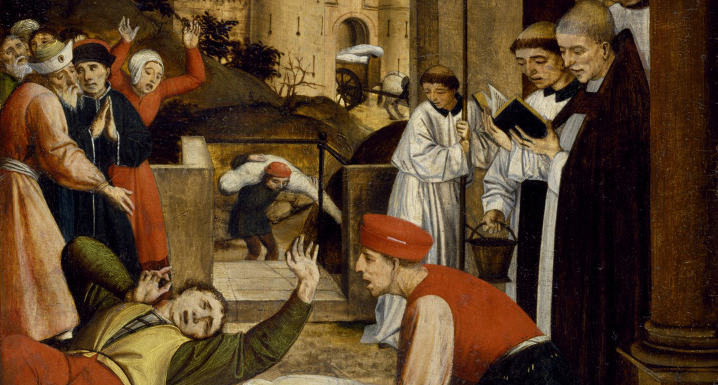 Saint Sebastian Interceding for the Plague Stricken (detail), by Josse Lieferinxe, c. 1497–99.
