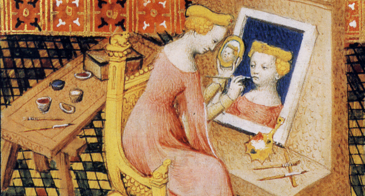 Anonymous, Marcia Painting Self-Portrait Using Mirror (detail), in Giovanni Boccaccio’s De Mulieribus Claris, c. 1403. Bibliothèque Nationale de France. Anonymous, Marcia Painting Self-Portrait Using Mirror (detail), in Giovanni Boccaccio’s De Mulieribus Claris, c. 1403. Bibliothèque Nationale de France.