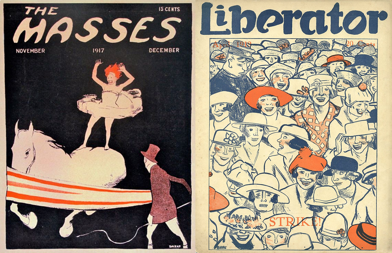 Two cover illustrations by Cornelia Barns: “Untitled (Circus Scene),” The Masses, November–December 1918; “Strike,” The Liberator, April 1919.