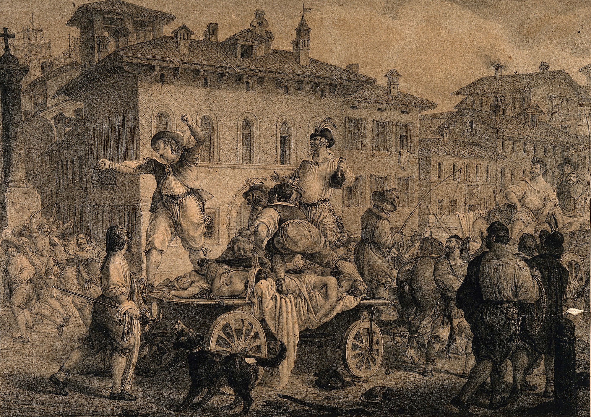 A lithograph showing a scene from Manzoni's novel The Betrothed where people in Milan accuse others of spreading disease.