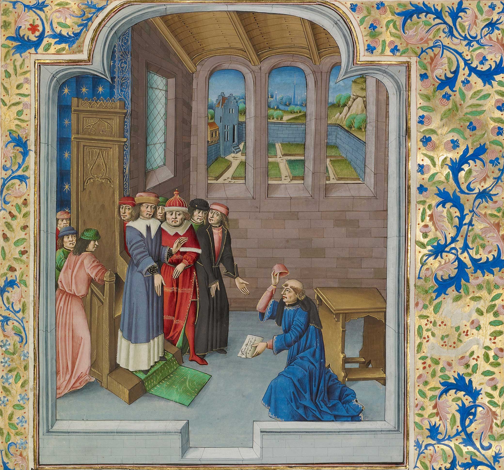 Froissart Kneeling Before Gaston Phébus, Count of Foix, by Master of the Soane Josephus, c. 1475. The J. Paul Getty Museum.
