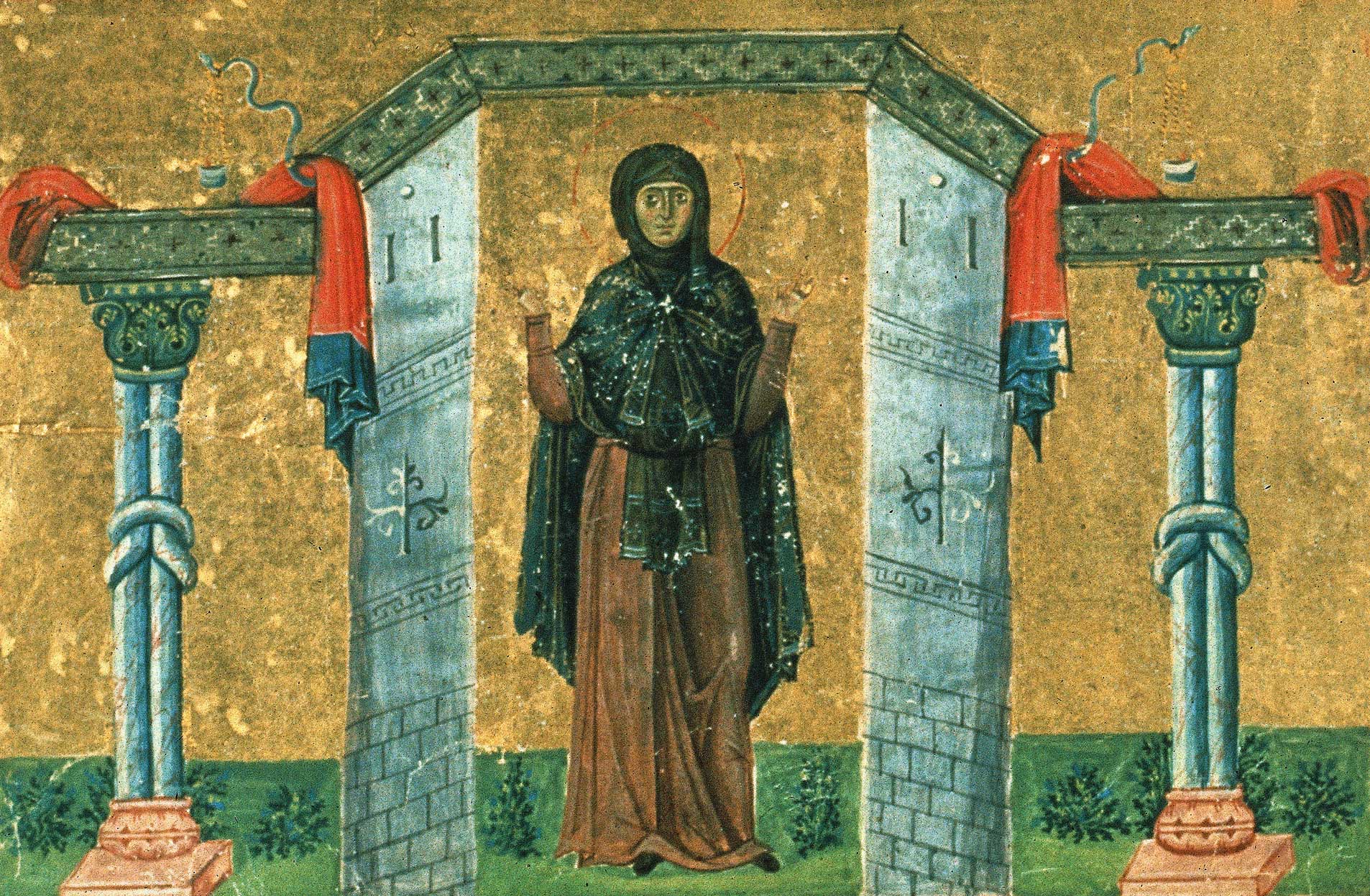 Saint Melania the Younger, miniature from the Menologion of Basil II, c. 985. Vatican Library, Rome. Saint Melania the Younger, miniature from the Menologion of Basil II, c. 985.