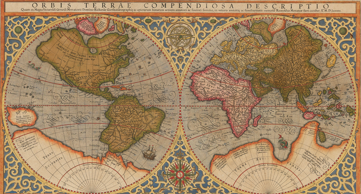 Orbis terrae compendiosa descriptio, by Rumold Mercator, 1587, based on a 1569 map by Gerardus Mercator. Orbis terrae compendiosa descriptio, by Rumold Mercator, 1587, based on a 1569 map by Gerardus Mercator.