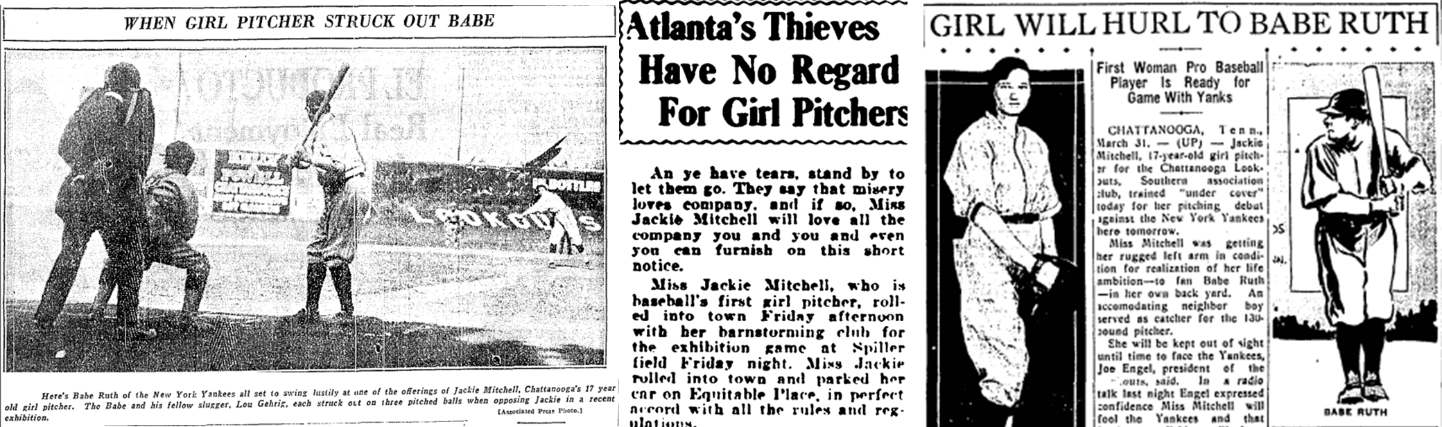 Headlines about Jackie Mitchell from the Chicago Daily Tribune, April 6, 1931; the Atlanta Constitution, June 27, 1931; and the Austin Statesman, March 31, 1931.