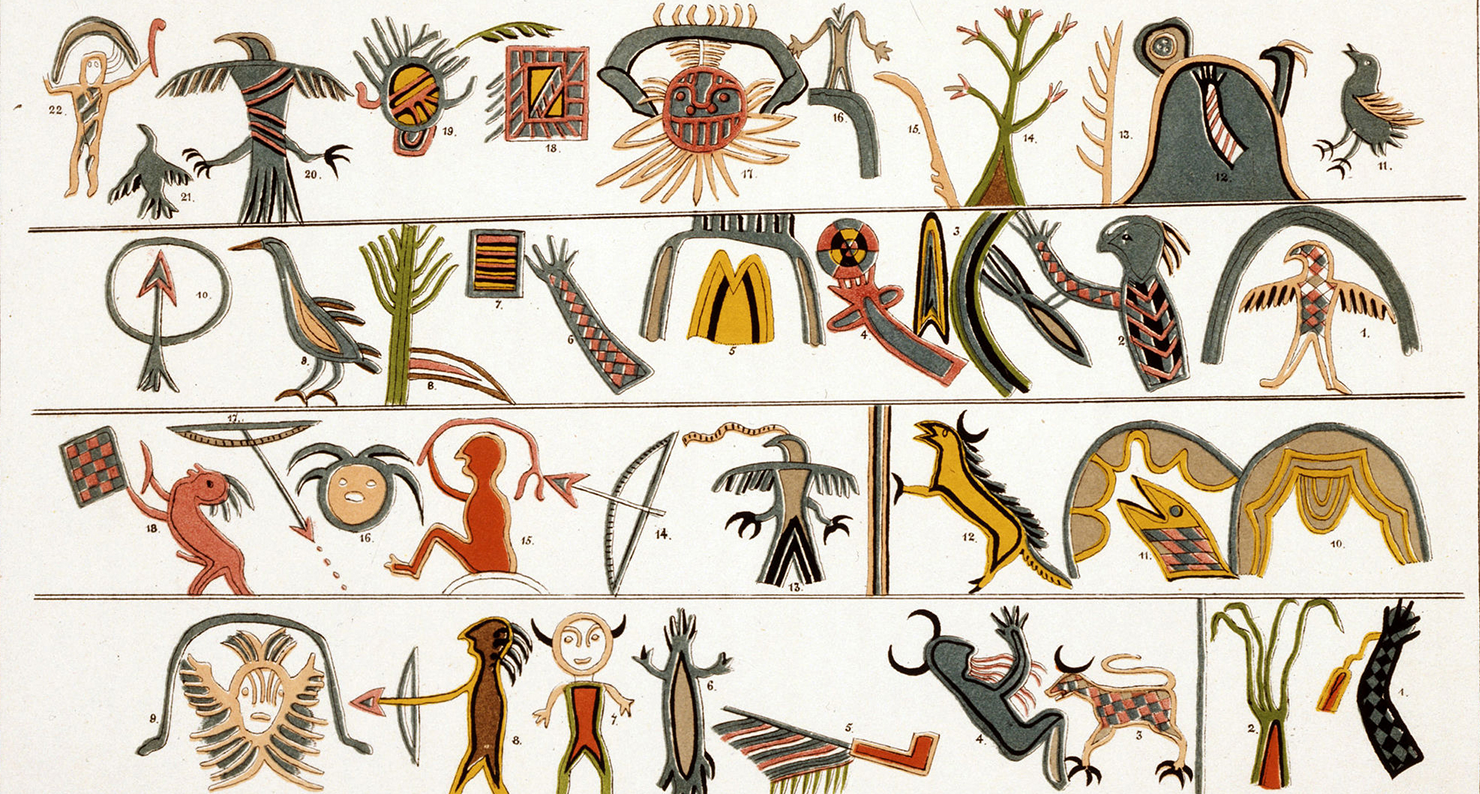 Pictorial notation of an Ojibwa music board, illustration on birchwood slab, collected in northern Great Lakes area, c. 1820. Chromolithograph by James Ackerman, after a watercolor drawing by Seth Eastman, in Historical and Statistical Information Respect