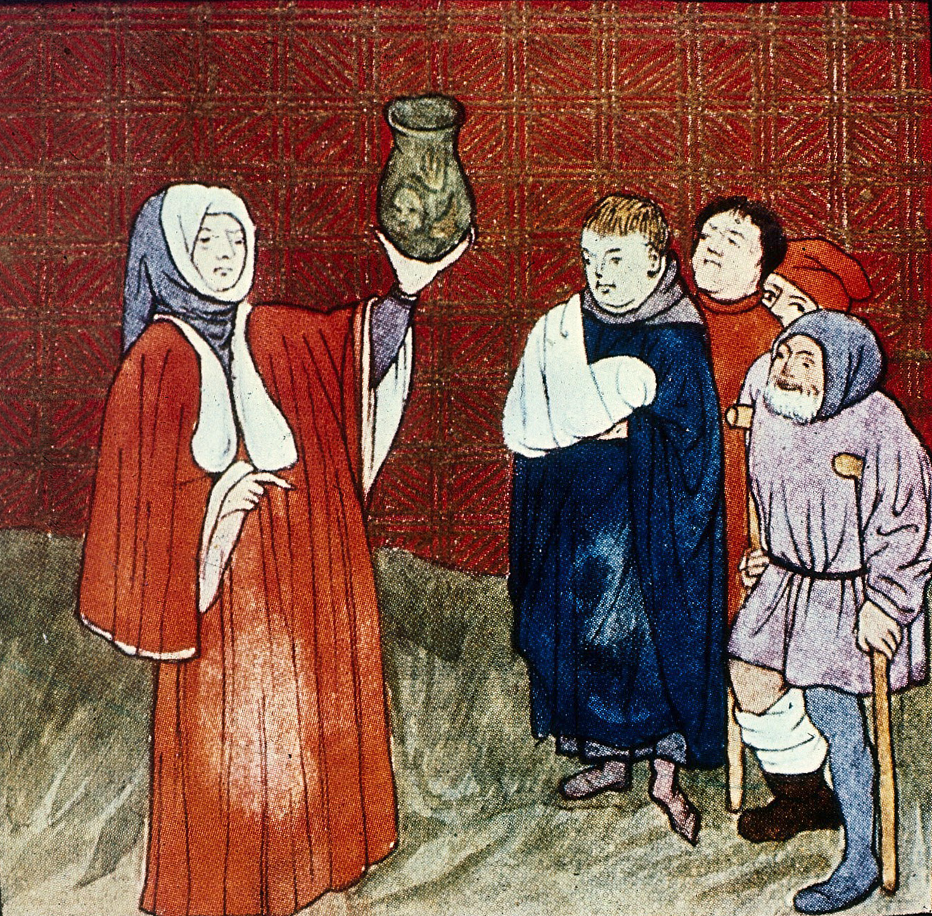 Physician with a urine flask, from a medieval manuscript. Wellcome Collection (CC BY 4.0).