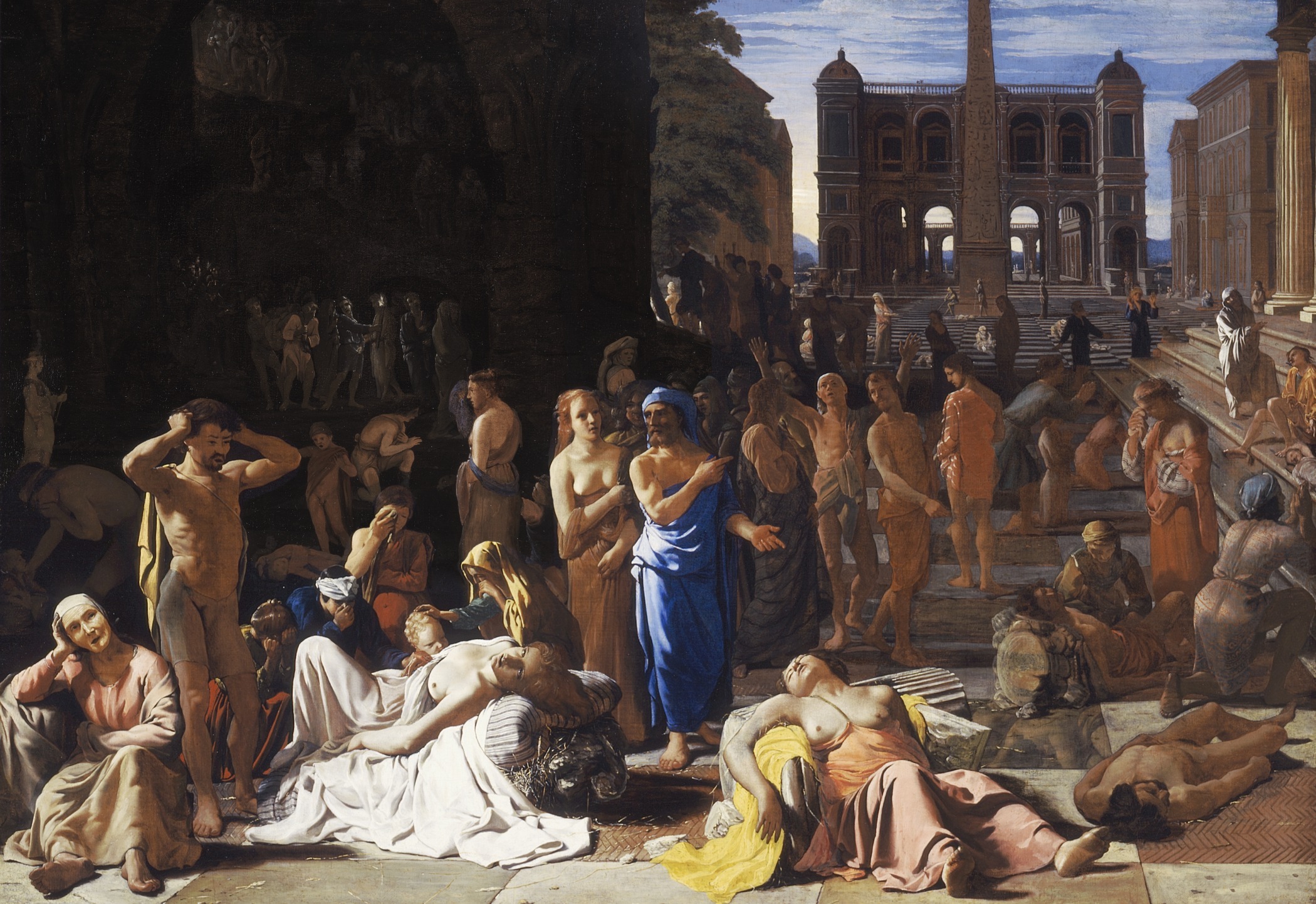 A painting of a plague-ridden ancient city, often thought to represent the plague of Athens in 430BC. The painting show people gathered in a town square, some dying and dead on the ground, while others look distressed or care for the ill.