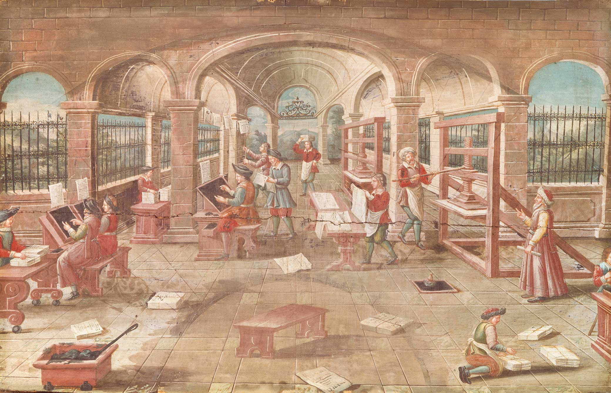 Interior of a sixteenth-century printing shop, French, seventeenth century. Bridgeman-Giraudon / Art Resource, NY. Interior of a sixteenth-century printing shop, French, seventeenth century.