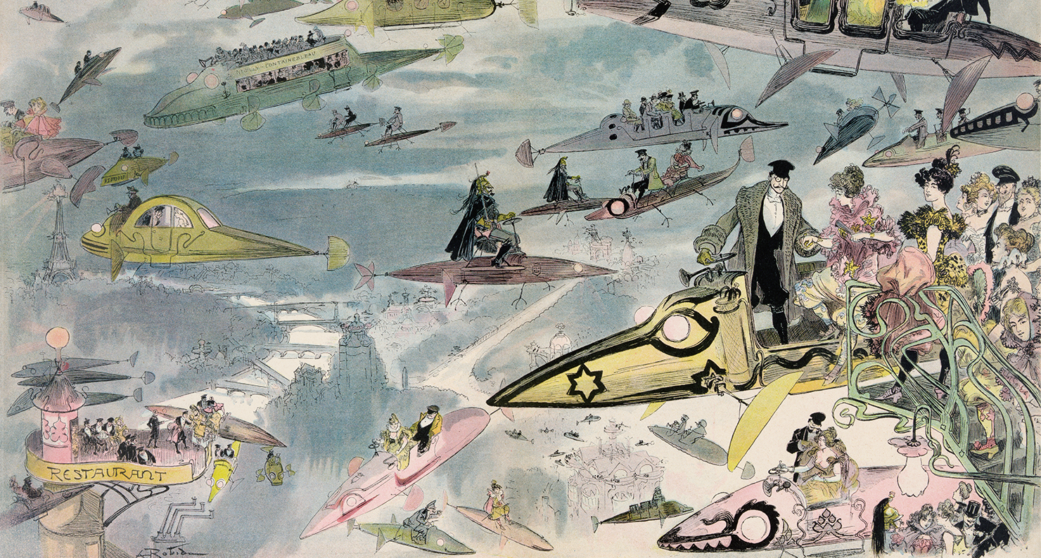 La Sortie de l’opéra en l’an 2000 (People Leaving the Opera in the Year 2000), by Albert Robida, c. 1902. La Sortie de l’opéra en l’an 2000 (People Leaving the Opera in the Year 2000), by Albert Robida, c. 1902.