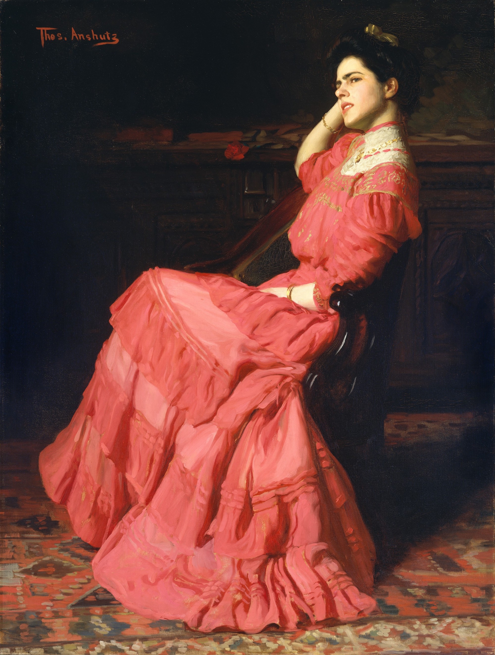 A painting of a young woman in a fluffy pink gown. She is seated in a chair facing sideways. Her head is rested in her hand and she looks skeptical or perhaps perturbed.