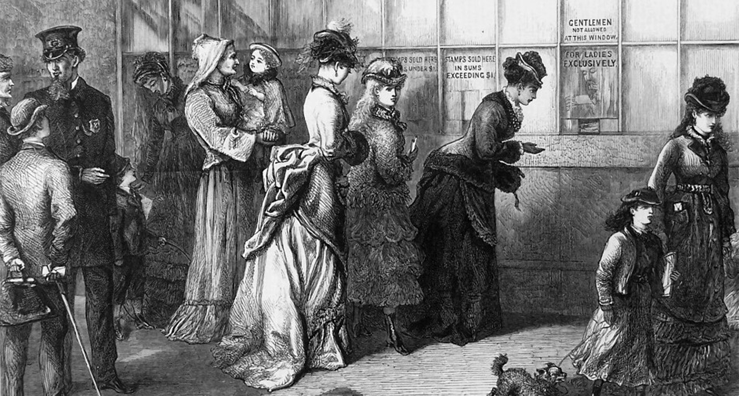 American Sketches: The Ladies' Window at the New York Post-Office, c. 1875.