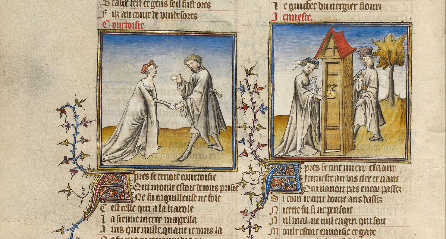 Illustrations from the manuscript Romance of the Rose, by Guillaume de Lorris, c. 1405.