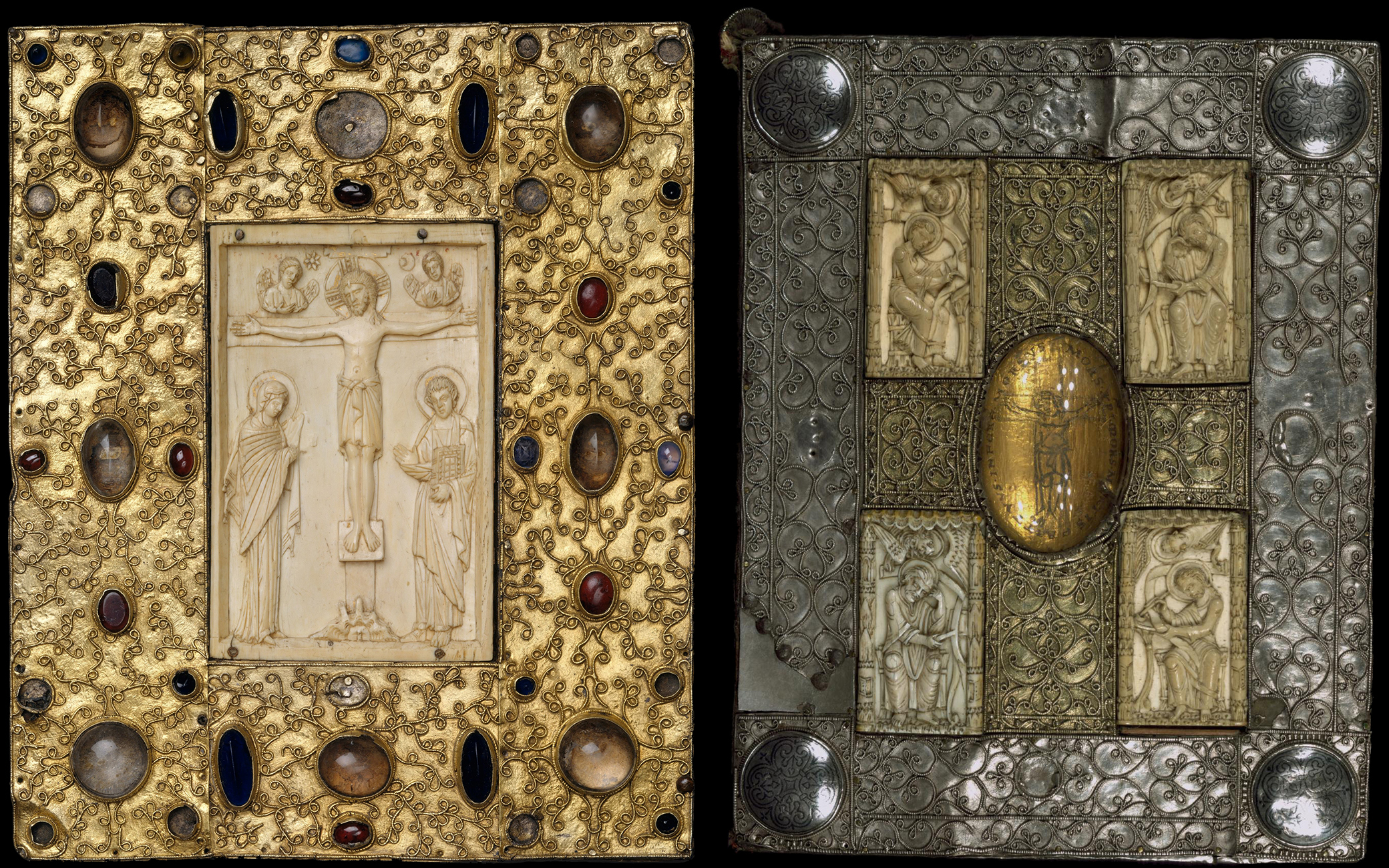 Book cover with Byzantine icon of the Crucifixion produced for the nunnery of Santa Cruz de la Serós, Spain, c. 1085; treasure binding with the Evangelists and the Crucifixion by Othlon of Regensburg, c. 1030–50.