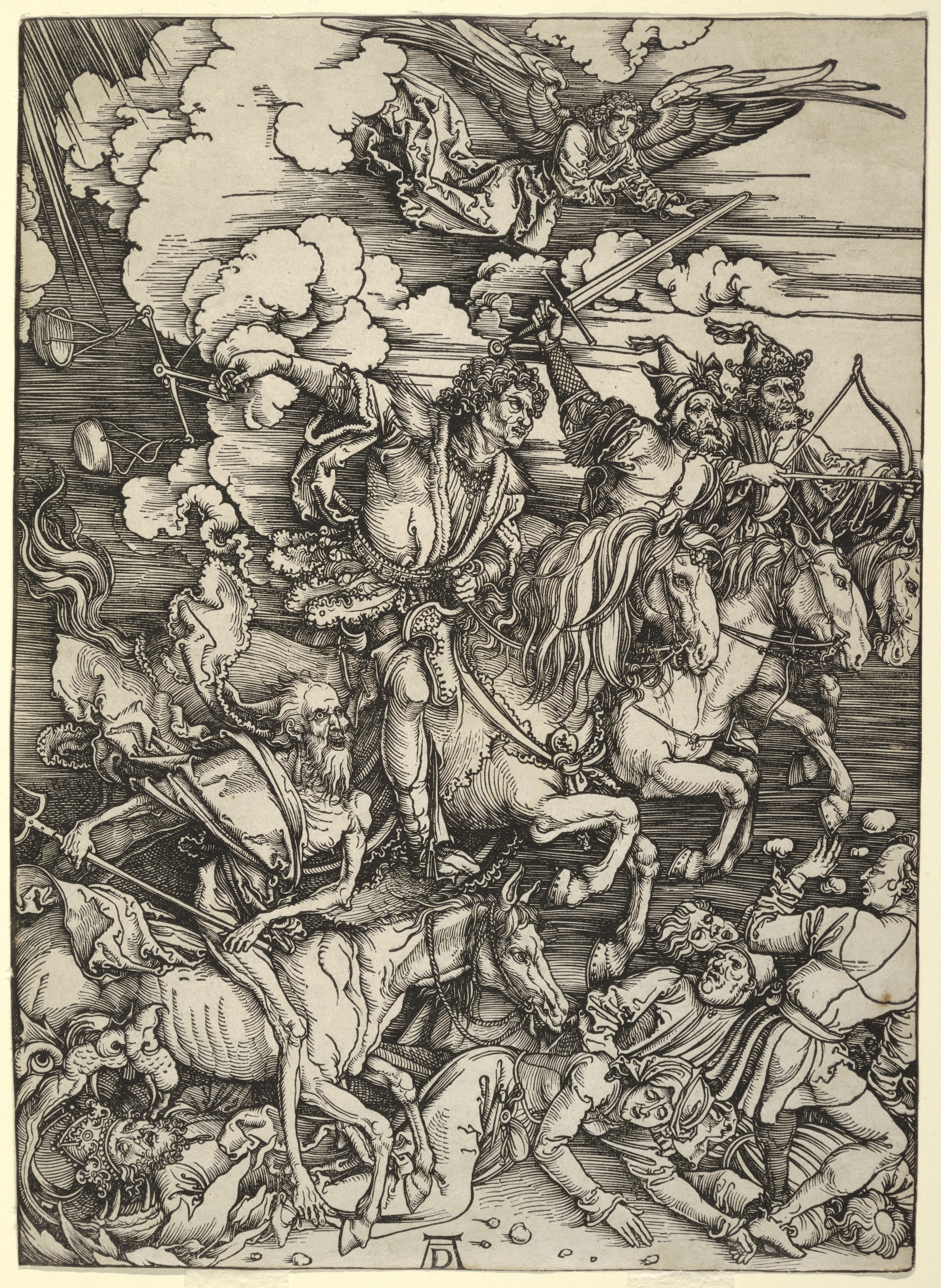 <em>The Four Horsemen of the Apocalypse</em> by Albrecht Dürer, c. 1497. Cooper Hewitt, Smithsonian Design Museum, Gift of Leo Wallerstein. Four men, with weapons drawn, on horseback riding over people. Angel flying above.