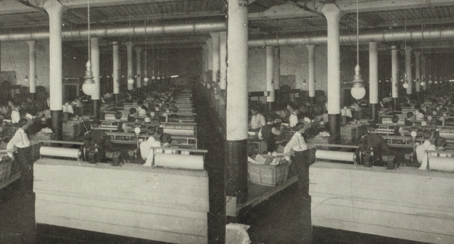 Mail-packing section of the Sears, Roebuck & Co. shipping department, Chicago. Mail-packing section of the Sears, Roebuck & Co. shipping department, Chicago.