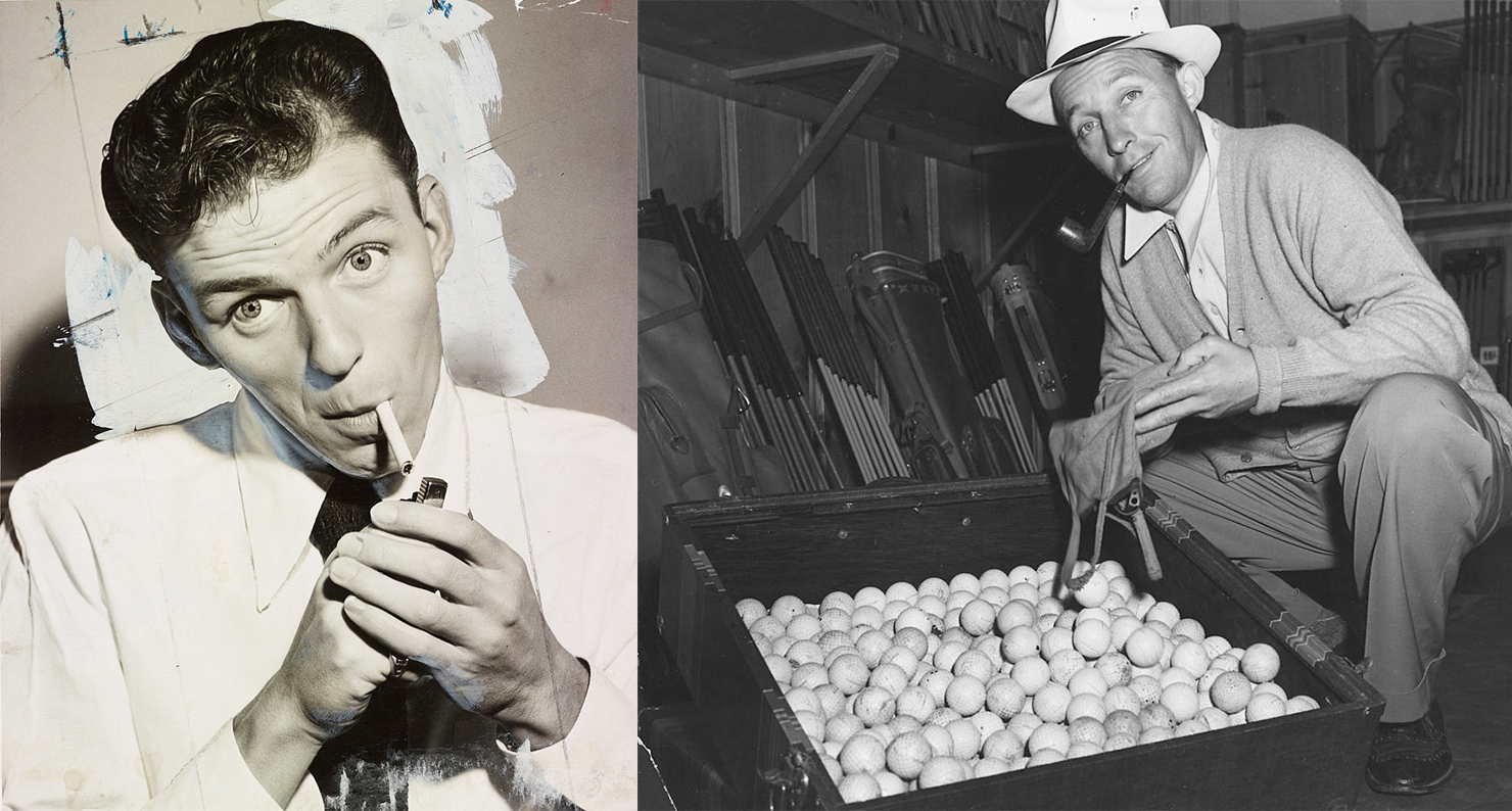 Frank Sinatra lighting a cigarette, 1944; Bing Crosby with golf balls during a World War II scrap rubber drive, 1942.