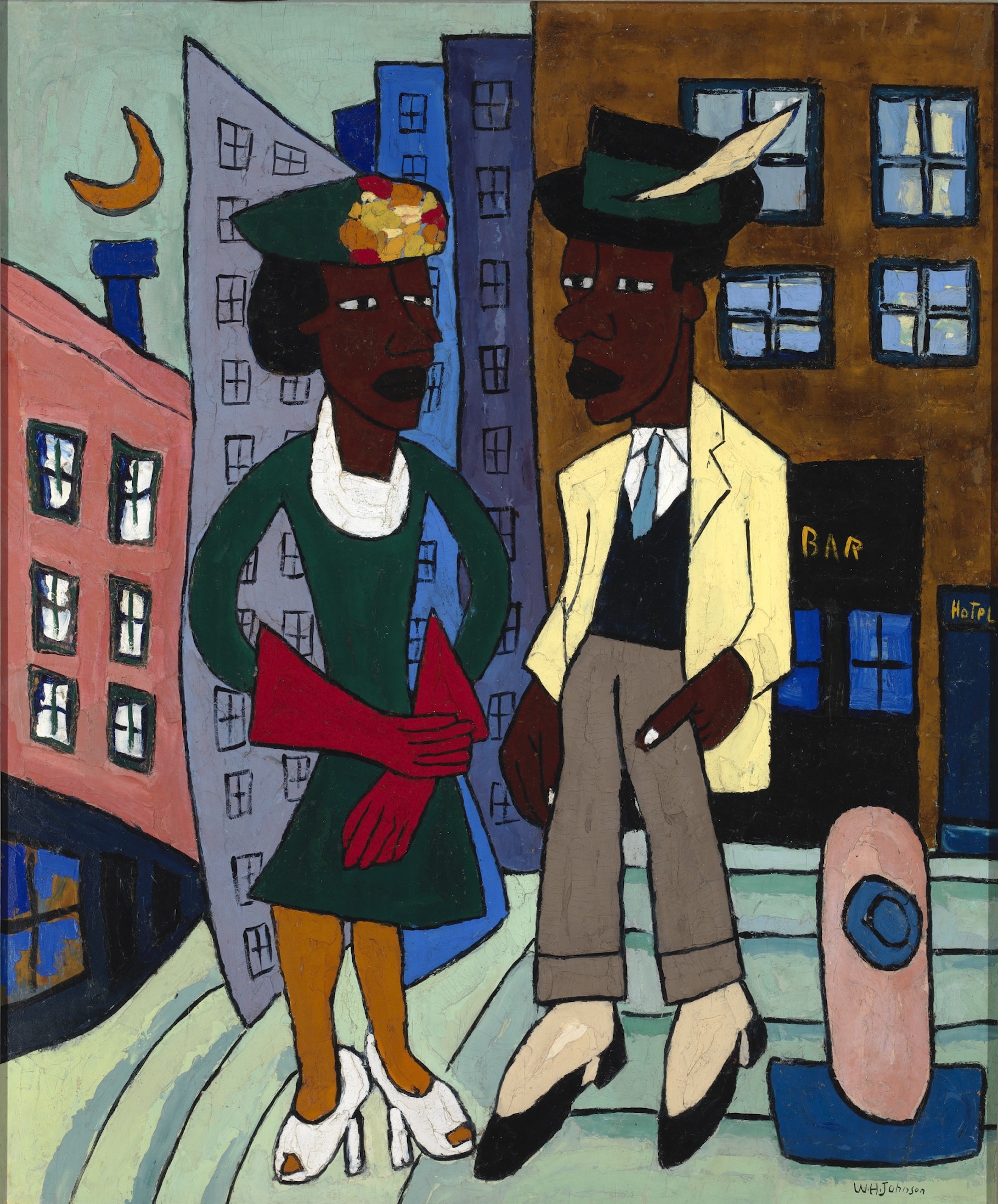 A William Johnson painting of two Black Americans, a man and a woman, in 1930s Harlem dressed in formal and stylish clothing for a night out. Behind them you can see tall buildings and a crescent moon.