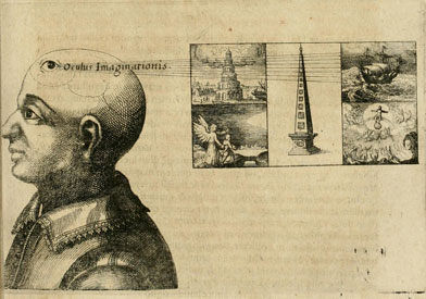 A diagram from Robert Fludd's memory arts, showing the bust of a man. An eye on his skull is labeled oculus imaginationis (eye of imagination). The eye looks toward five images: the tower of babel, an obelisk, Tobias and the angel, a ship, and the last judgment.