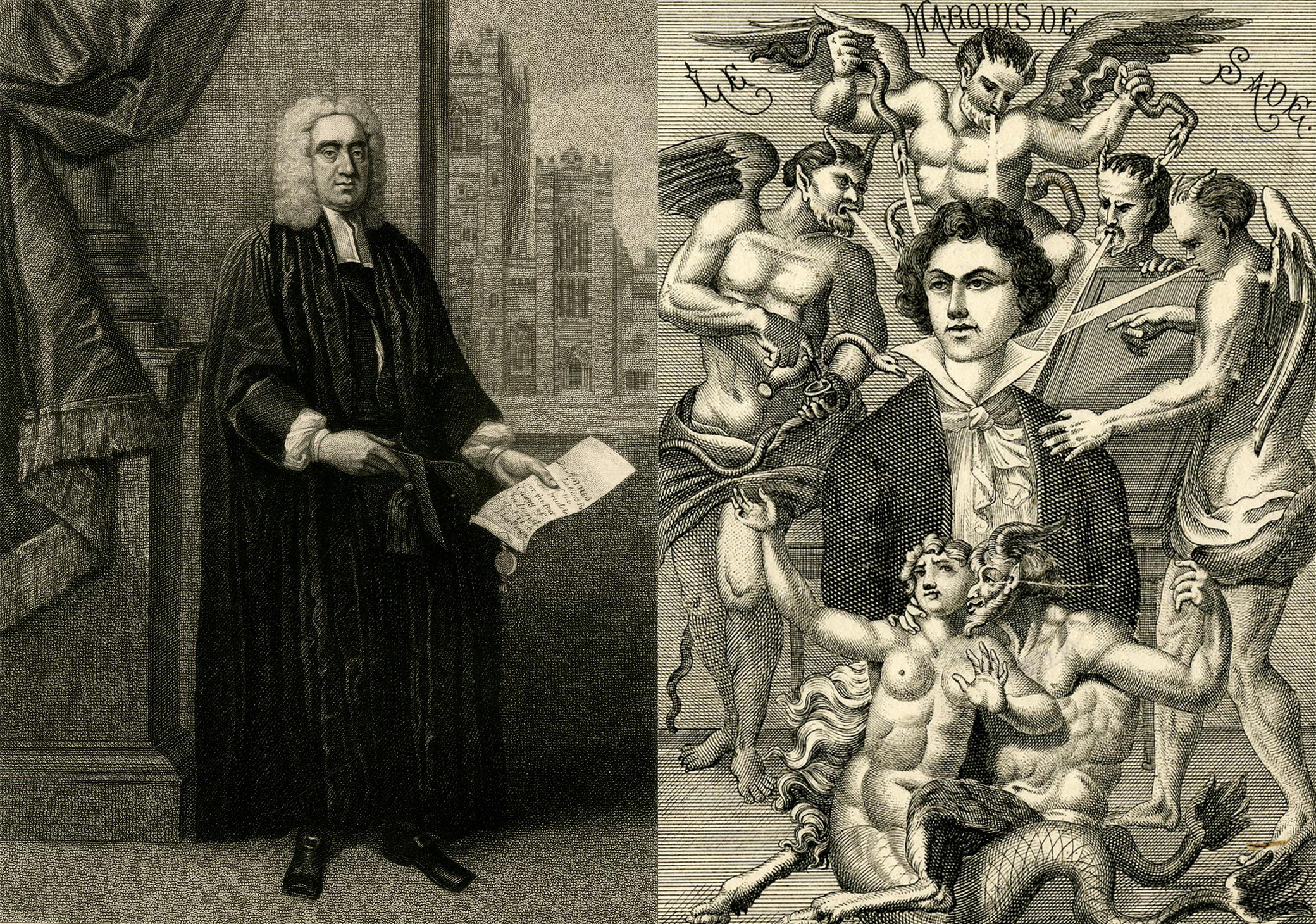 Engravings of Jonathan Swift by Edward Scriven, after Francis Bindon, 1818, and of the Marquis de Sade, by H. Biberstein, nineteenth century.