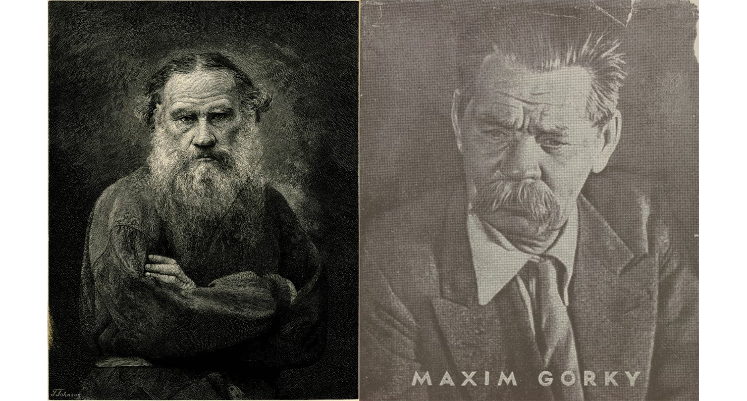 Portrait of Leo Tolstoy from a wood engraving by T. Johnson, c. 1895–1905; cover of Articles and Pamphlets by Maxim Gorky, from In Our Time: Covers for a Small Library After the Life for the Most Part, 1969–1970. British Museum.