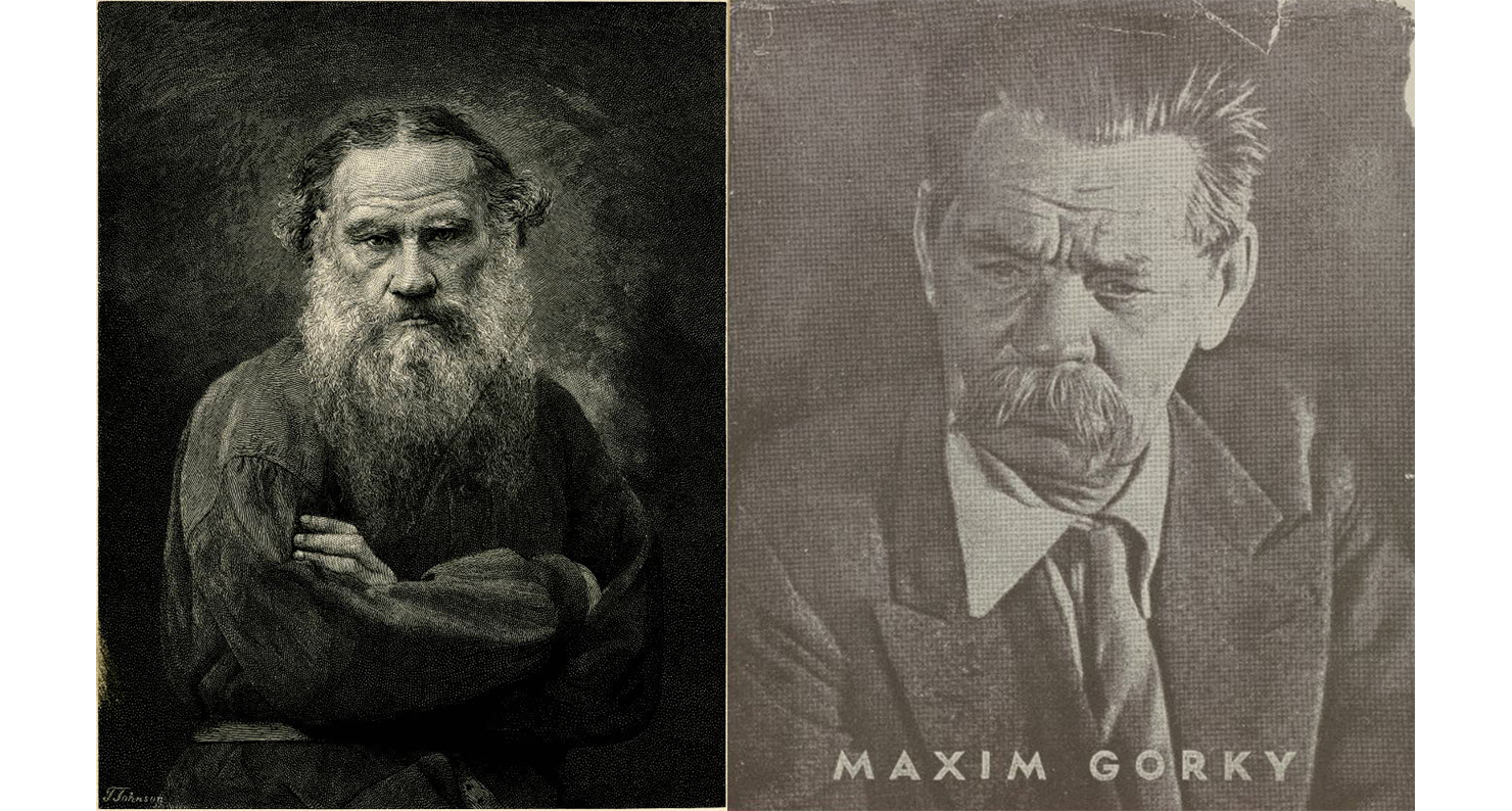 Portrait of Leo Tolstoy from a wood engraving by T. Johnson, c. 1895–1905; cover of Articles and Pamphlets by Maxim Gorky, from In Our Time: Covers for a Small Library After the Life for the Most Part, 1969–1970. British Museum. Portrait of Leo Tolstoy from a wood engraving by T. Johnson, c. 1895–1905; cover of Articles and Pamphlets by Maxim Gorky, from In Our Time: Covers for a Small Library After the Life for the Most Part, 1969–1970. British Museum.