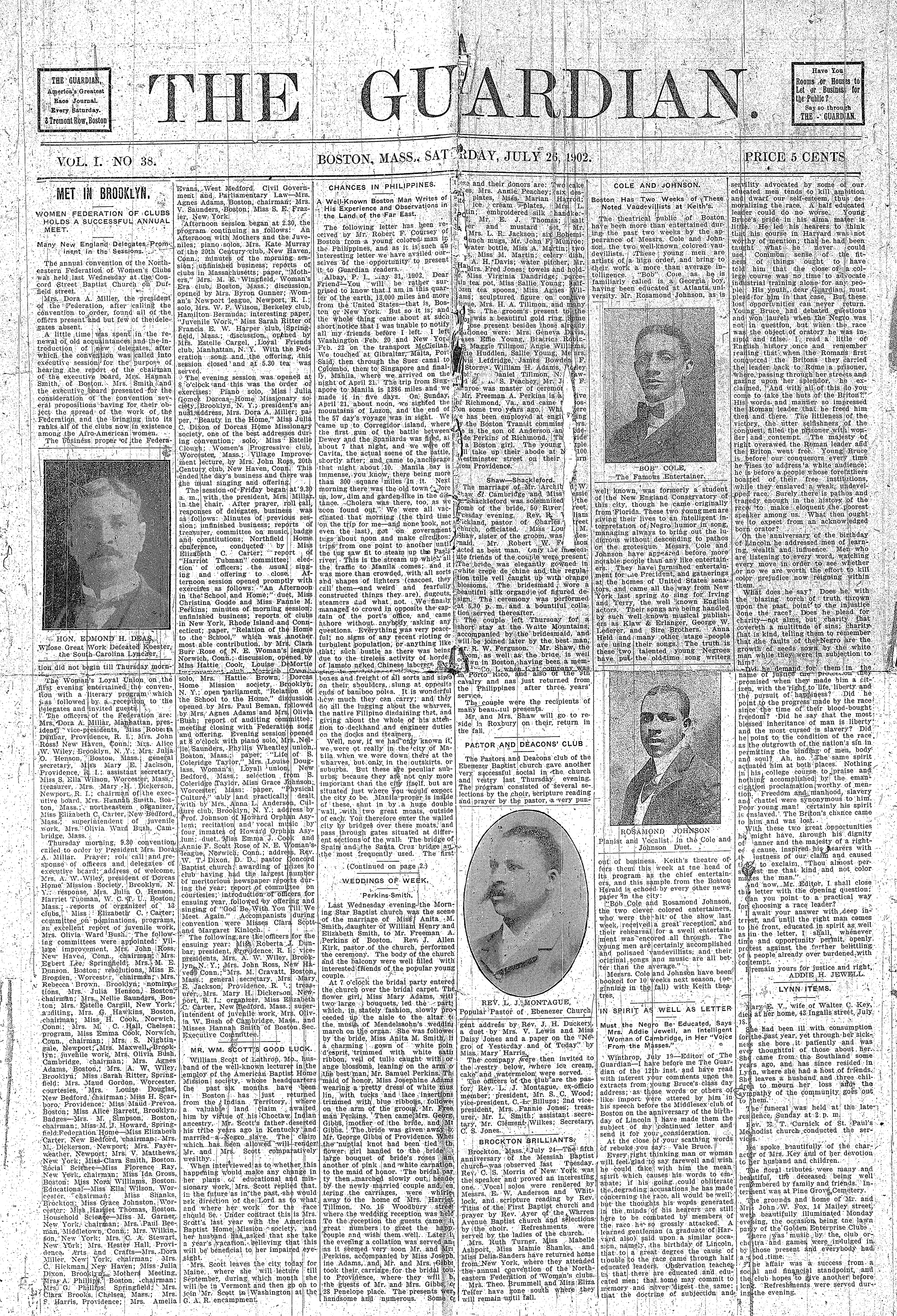 Front page of the Guardian, July 26, 1902. Center for Research Libraries.