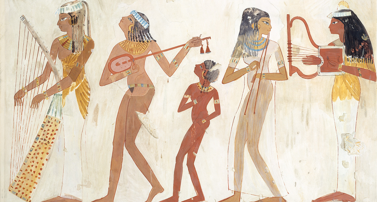 Facsimile painting of a troupe of female musicians from a c. 1400–1390 bc banquet scene in the tomb of Djeserkaraseneb at Thebes, by Charles K. Wilkinson, 1920–21. The Metropolitan Museum of Art.