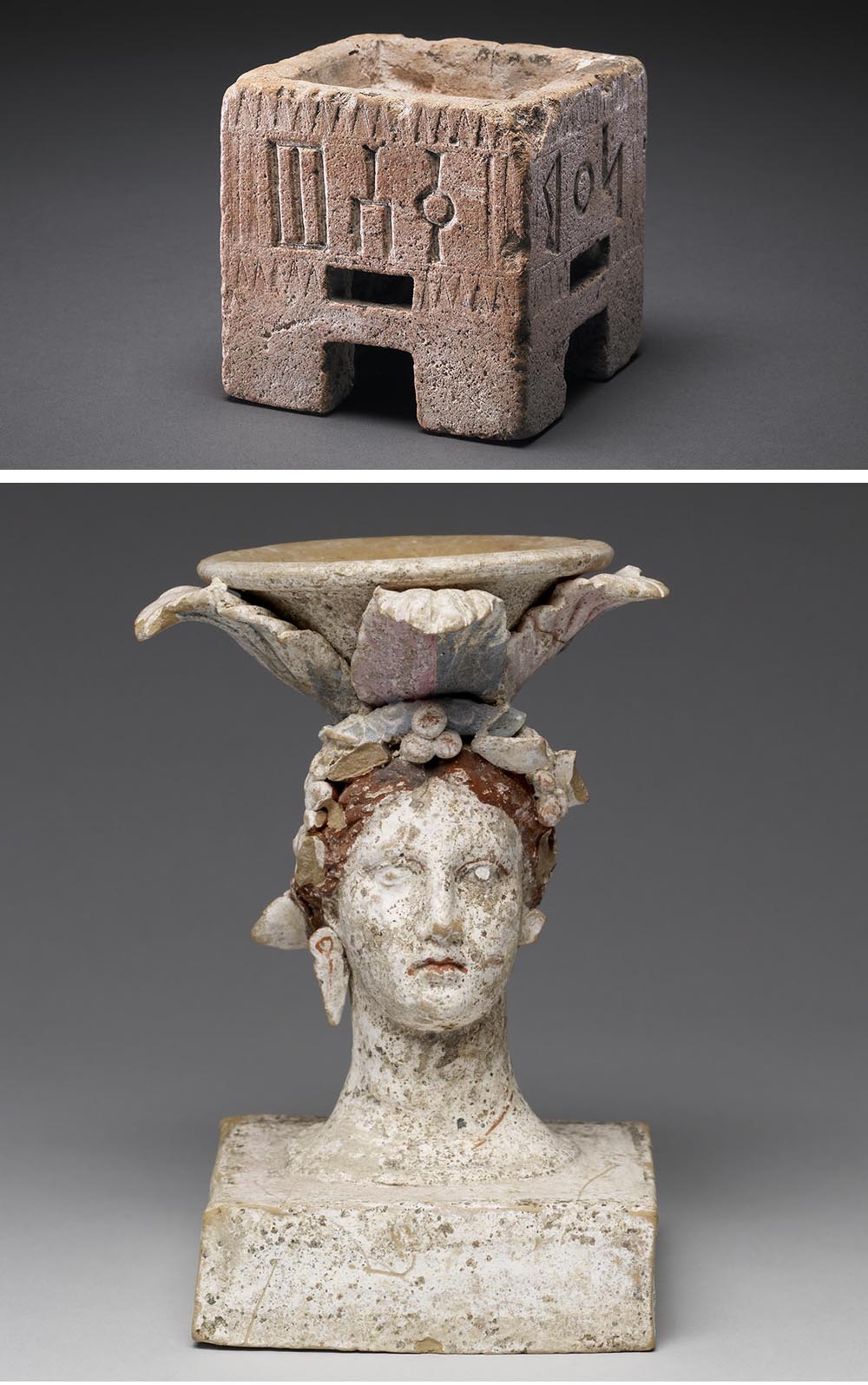 Top: Incense burner, Yemen, circa first century BC. Bottom: Incense burner in the form of a female head, Greece, third century BC.