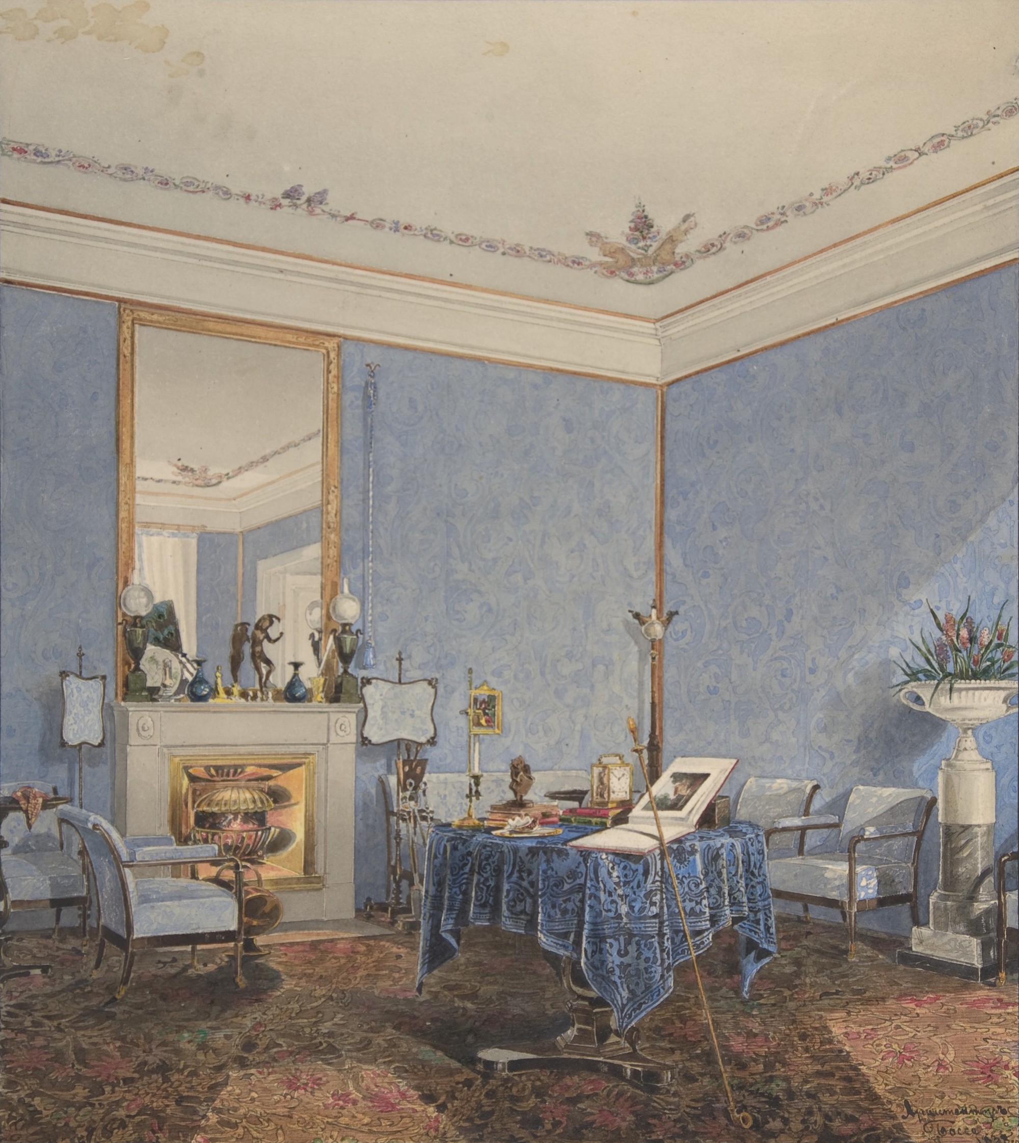 Interior of a Drawing Room, 1838. Metropolitan Museum of Art, The Elisha Whittelsey Collection, The Elisha Whittelsey Fund, 1954. A painting of a large drawing room with pale blue wallpaper and furnishings. On one wall a mirror hangs above a fireplace. In the center of the room is a round table with a blue tablecloth, covered in books and other small objects.