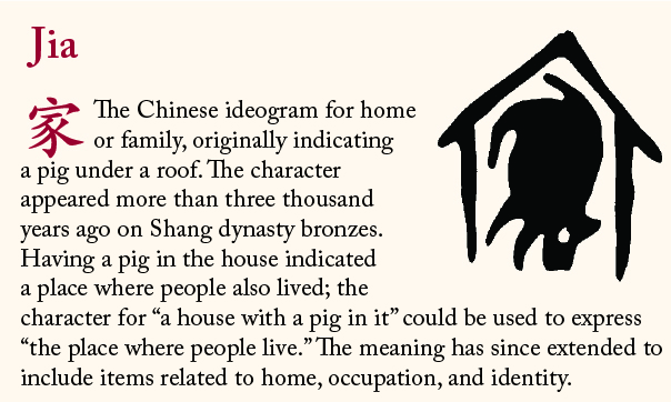 Jia, the Chinese ideogram for “home” and “family.”