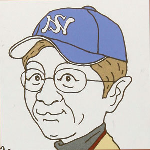 A cartoon of a Japanese man wearing a baseball cap.