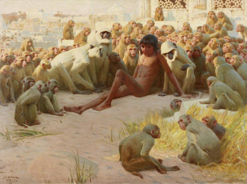 “Mowgli Made Leader of the Bandar-Log,” by John Charles Dollman, 1903. Wikimedia Commons.