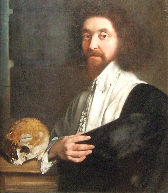 Portrait of John Tradescant the younger, featuring a skull with usnea growth, attributed to Thomas De Critz, 1652. 